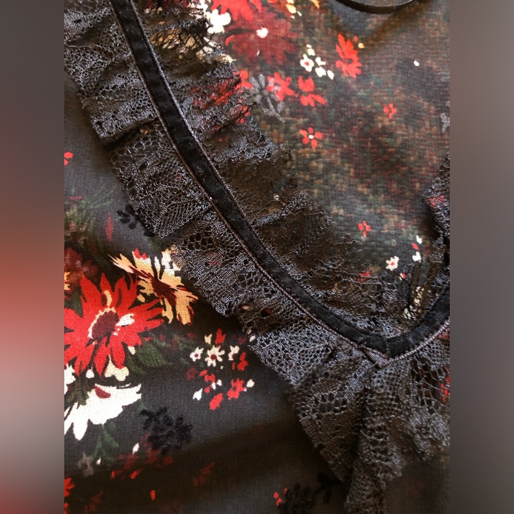 Zara Basic Sheer Dark Floral Velvet Accent V Neck Blouse w/ Ruffle Sleeve - Picture 6 of 14
